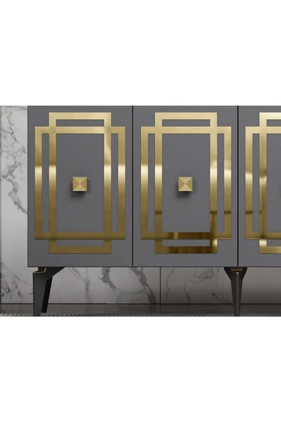 DEMONTE DECOR Lotus Konsol 4 Kapaklı Raflı Antrasit Altın - 3