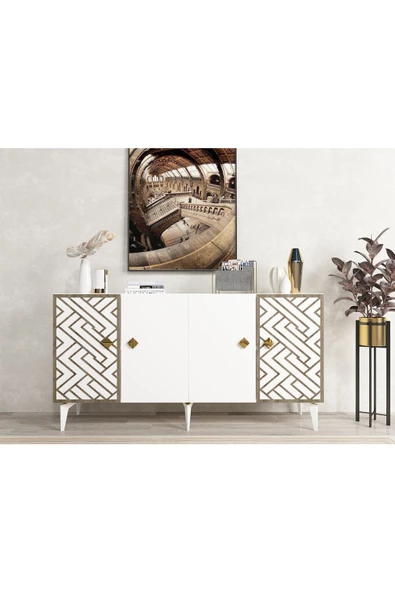 DEMONTE DECOR FROW KONSOL 4 KAPAKLI BEYAZ (CEVİZ DESEN) - 3