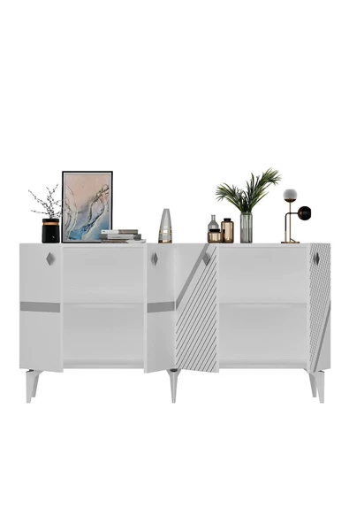 DEMONTE DECOR İRİS KONSOL 4 KAPAKLI RAFLI BEYAZ-GÜMÜŞ - 7