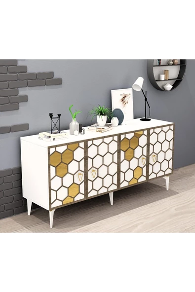DEMONTE DECOR PETTEK LAZER KESİMLİ KONSOL BEYAZ-ALTIN - 3