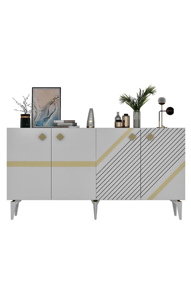 DEMONTE DECOR İRİS KONSOL 4 KAPAKLI RAFLI BEYAZ-ALTIN - 6