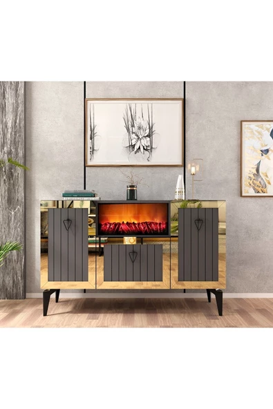 DEMONTE DECOR LİİNDA ŞÖMİNELİ KONSOL ANTRASİT-ALTIN