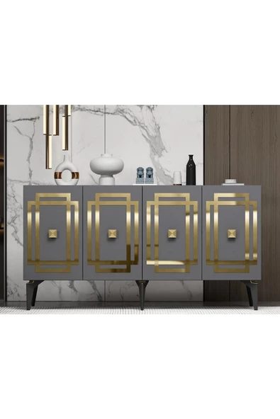 DEMONTE DECOR Lotus Konsol 4 Kapaklı Raflı Antrasit Altın