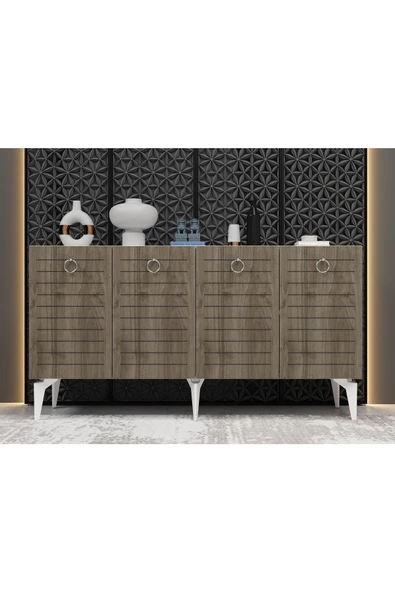 DEMONTE DECOR Arona Konsol 4 Kapaklı Raflı Beyaz-ceviz