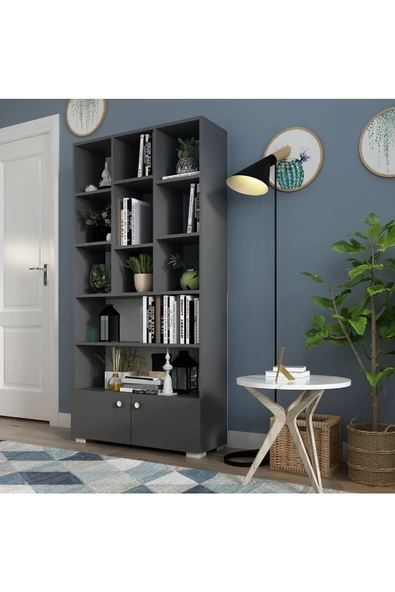 DEMONTE DECOR 2 Kapaklı, 11 Raflı Penguen Kitaplık Antrasit