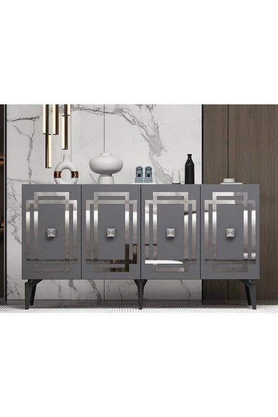 DEMONTE DECOR Lotus Konsol 4 Kapaklı Raflı Antrasit Gümüş