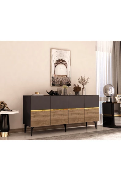 DEMONTE DECOR Tedyy Lazer Kesimli Pleksi Detaylı Konsol Antrasit-ceviz-altın - 6