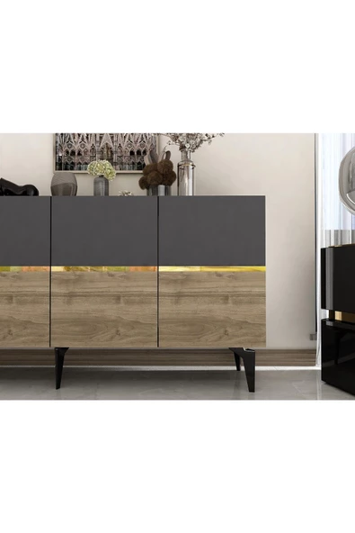 DEMONTE DECOR Tedyy Lazer Kesimli Pleksi Detaylı Konsol Antrasit-ceviz-altın - 7