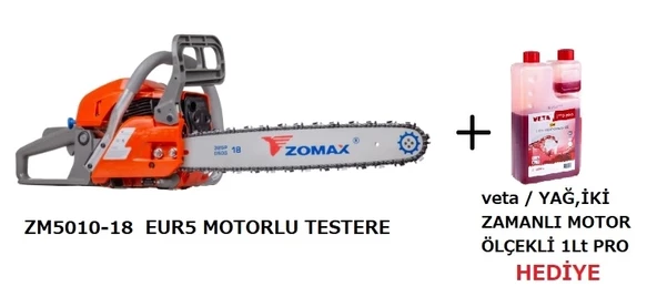 ZOMAX ZM5010-18 EURO5 Benzinli Motorlu Testere Ağaç Odun Kesme ( 1 lt veta iki zamanlı yağ 2T10 PRO hediye )