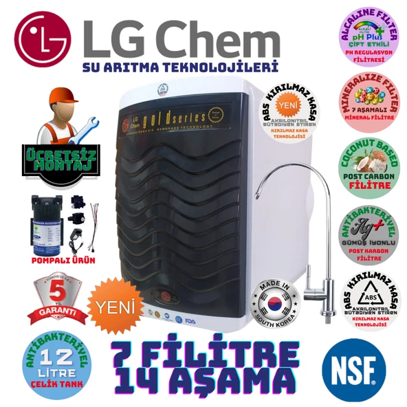 LG Chem GOLD BEYAZ SİYAH POMPALI MONTAJ DAHİL 12 LİTRE 7 FİLTRE 14 AŞAMA SU ARITMA CİHAZI