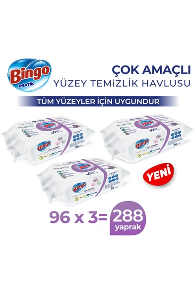 Bingo Pratik Yüzey Temizlik Havlusu Arap Sabunu Katkılı Lavanta 96x3 (288 YAPRAK)