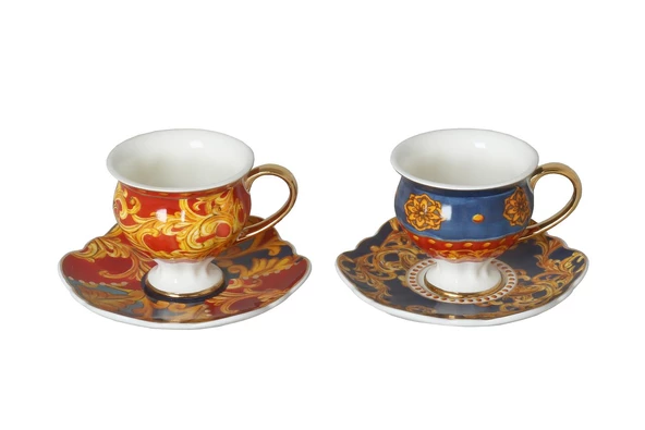 Lucky Art Florance Bone China Porselen Mavi Kırmızı Desenli Ayaklı 2 li Kahve Fincanı Seti LYHD 614