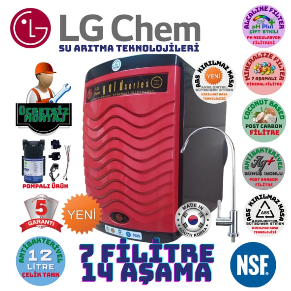 LG Chem GOLD SİYAH KIRMIZI POMPALI MONTAJ DAHİL 12 LİTRE 7 FİLTRE 14 AŞAMA SU ARITMA CİHAZI