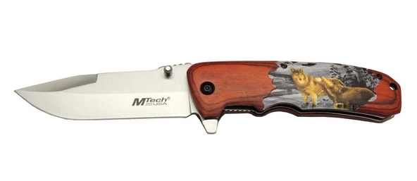 Mtech Y 12K Kahverengi Kamp Çakı 21,5cm - Yarı Otomatik, Kemerlikli, Kurt Baskılı Ahşap Sap