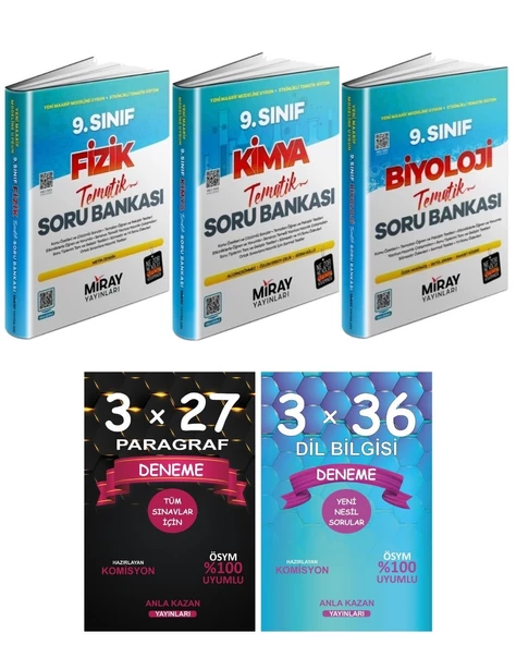 Miray 9. Sınıf Fizik Kimya Biyoloji Tematik Soru ve Anla Kazan Paragraf Dil Bilgisi Deneme 5li Set