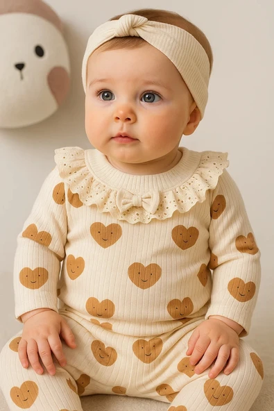 Kalp Baskılı Fisto Yaka 3 Parça Kız Bebek Takımı Krem