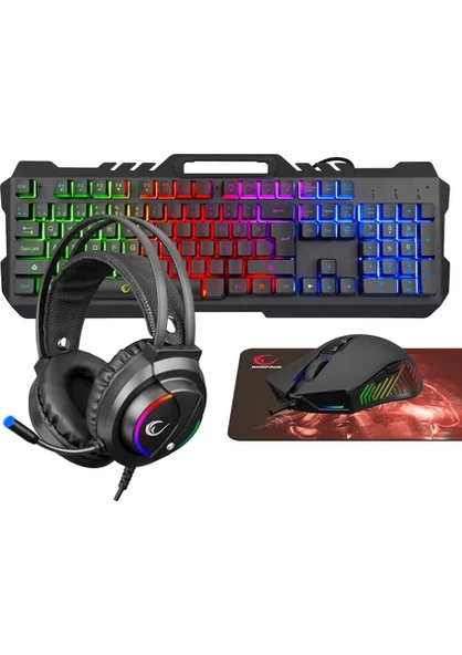 Rampage FITMENT KM-GX7 Gökkuşağı Aydınlatmalı Siyah USB Gaming Combo Mouse + Mousepad + Kulaklık Q Gaming Klavye +