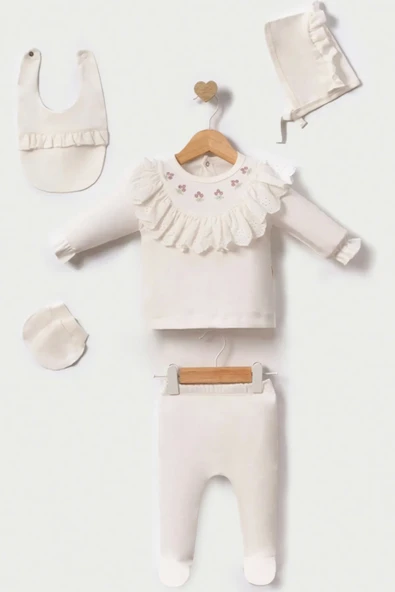 Lale Nakışlı Yenidoğan Kız Bebek 5 Parça Hastane Çıkışı Zıbın Seti - 2