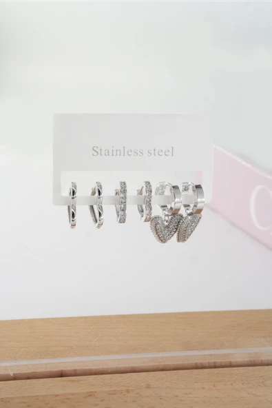 Kadın Vip Seri Baget Zirkon Taşlı Kalp Model Klipsli 6'lı Set Küpe - 3