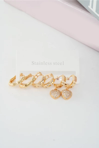 Kadın Vip Seri Baget Zirkon Taşlı Kalp Model Klipsli 6'lı Set Küpe - Resim 2