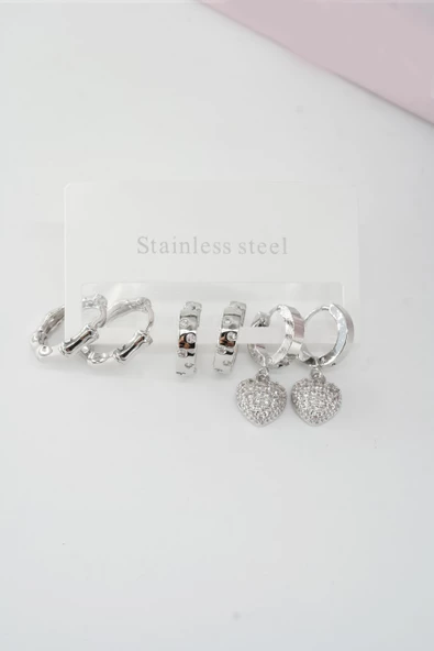 Kadın Vip Seri Baget Zirkon Taşlı Kalp Model Klipsli 6'lı Set Küpe - Resim 2