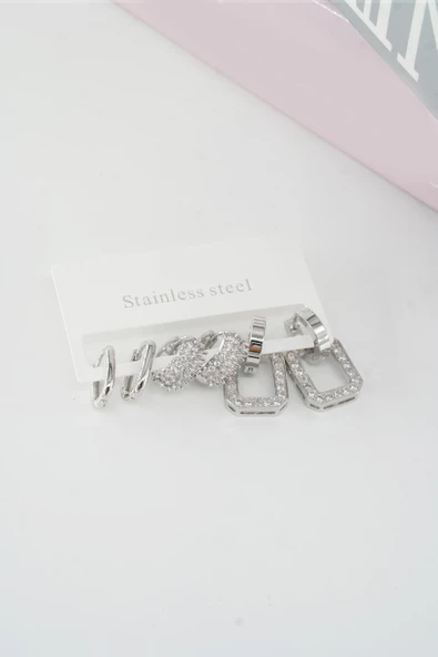 Kadın Vip Seri Baget Zirkon Taşlı Klipsli 6'lı Set Küpe - Resim 3