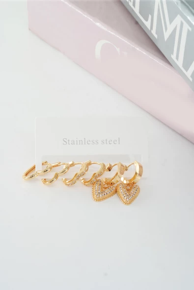 Kadın Vip Seri Baget Zirkon Taşlı Kalp Model Klipsli 6'lı Set Küpe - Resim 3