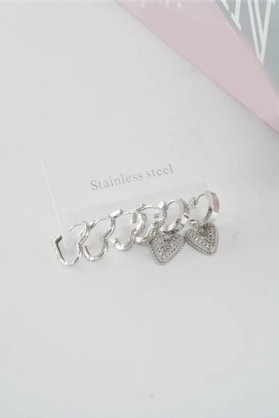 Kadın Vip Seri Baget Zirkon Taşlı Kalp Model Klipsli 6'lı Set Küpe - 2