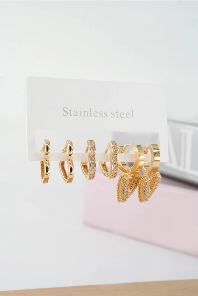 Kadın Vip Seri Baget Zirkon Taşlı Kalp Model Klipsli 6'lı Set Küpe ürün görseli