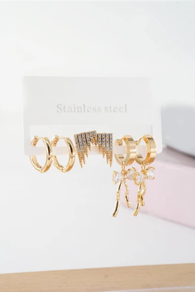 Kadın Vip Seri Baget Zirkon Taşlı Kurdele Model Klipsli 6'lı Set Küpe ürün görseli