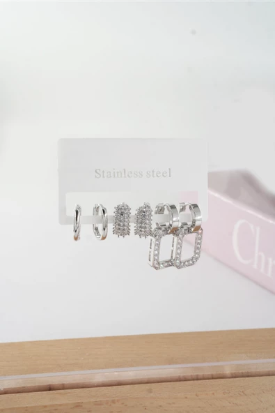 Kadın Vip Seri Baget Zirkon Taşlı Klipsli 6'lı Set Küpe - Resim 2