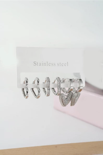 Kadın Vip Seri Baget Zirkon Taşlı Kalp Model Klipsli 6'lı Set Küpe