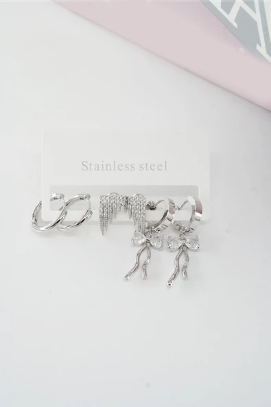 Kadın Vip Seri Baget Zirkon Taşlı Kurdele Model Klipsli 6'lı Set Küpe - Resim 2