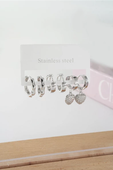 Kadın Vip Seri Baget Zirkon Taşlı Kalp Model Klipsli 6'lı Set Küpe ürün görseli