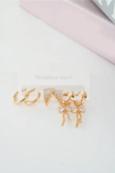 Kadın Vip Seri Baget Zirkon Taşlı Kurdele Model Klipsli 6'lı Set Küpe - Resim 2