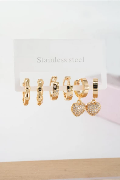 Kadın Vip Seri Baget Zirkon Taşlı Kalp Model Klipsli 6'lı Set Küpe ürün görseli