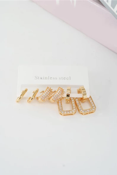 Kadın Vip Seri Baget Zirkon Taşlı Klipsli 6'lı Set Küpe - Resim 2