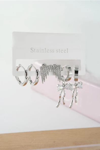 Kadın Vip Seri Baget Zirkon Taşlı Kurdele Model Klipsli 6'lı Set Küpe ürün görseli