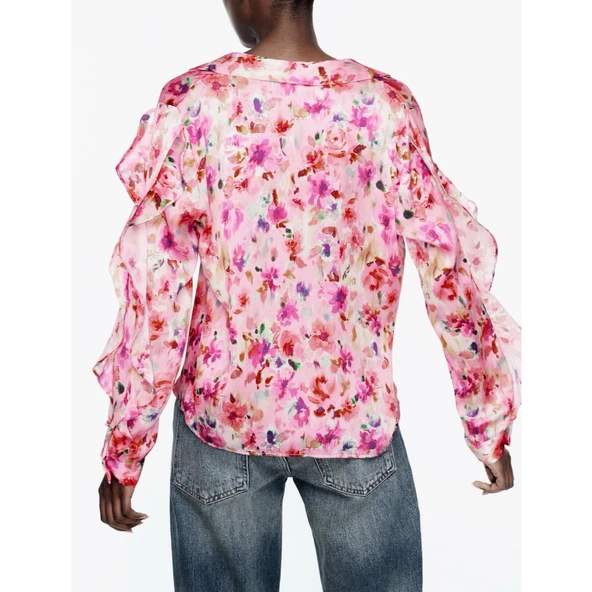 ZARA Çiçek Desenli Fırfırlı Gömlek Bluz - 3