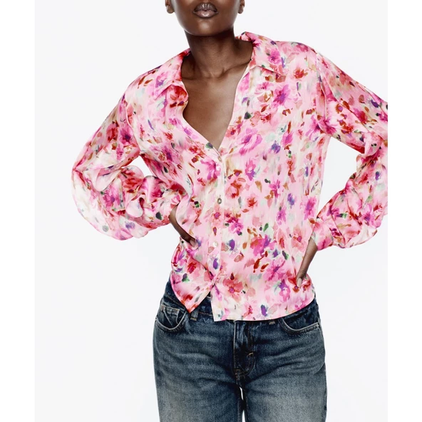 ZARA Çiçek Desenli Fırfırlı Gömlek Bluz