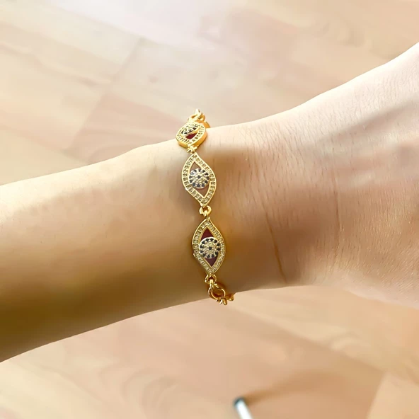BZ Altın Kaplama Zirkon Taşlı Göz Nazar Boncuklu Bileklik BLK-830 - 2