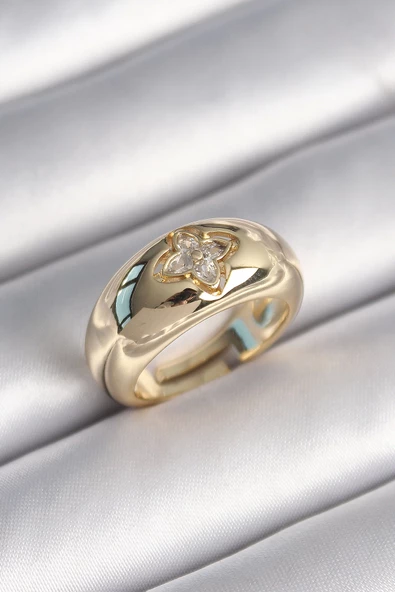 MuI MuI Pirinç Gold Renk Zirkon Taşlı Çiçek İşleme Kadın Yüzük