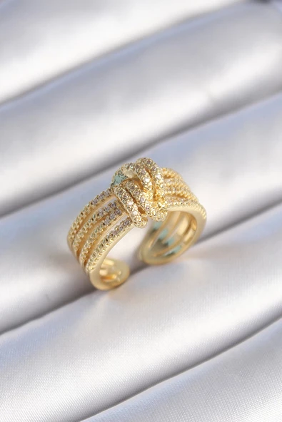 MuI MuI Pirinç Gold Renk Zirkon Taşlı Düğüm Model Kadın Yüzük