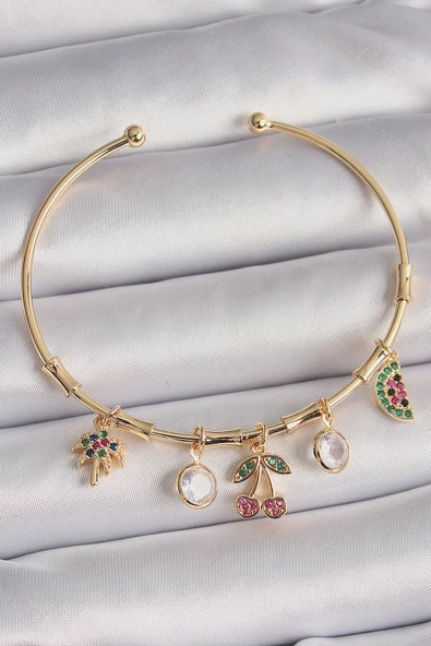 MuI MuI Pirinç Gold Renk Sallantı Zirkon Taşlı Kiraz Figür Ağaç Detay Charm Bileklik
