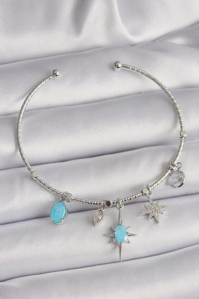 MuI MuI Pirinç Gümüş Renk Sallantı Zirkon Taşlı Kutup Yıldız Figür Charm Bileklik