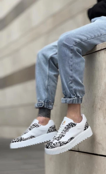 BA0802  Gotik Desenli Beyaz Yüksek Taban Erkek Günlük Ayakkabı - Resim 3