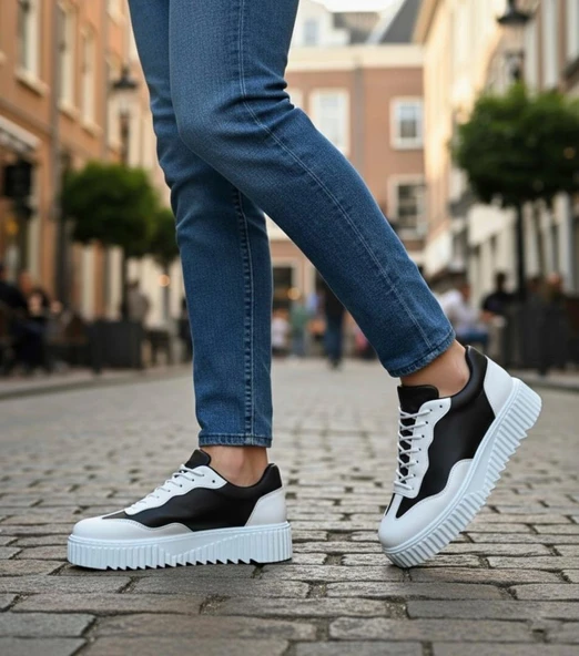 BA0802  Siyah Renk Beyaz Parçalı Yüksek Taban Erkek Günlük Ayakkabı