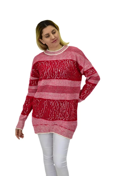 Kadın Pullu Çizgili Oversize Kazak 7592 BGL-ST04076 - Resim 5