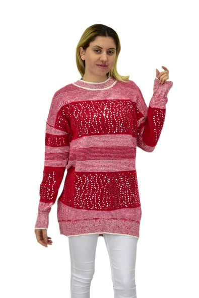 Kadın Pullu Çizgili Oversize Kazak 7592 BGL-ST04076 - Resim 2