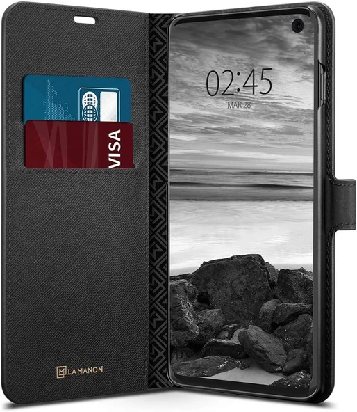 Spigen Galaxy S10 ile Uyumlu Kılıf La Manon Wallet Saffiano Black